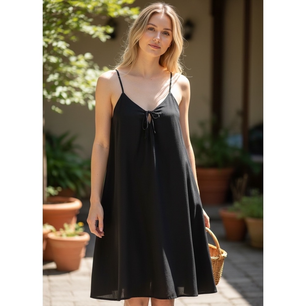 Mimi Chica Black Lace Up V-Neck Babydoll Dress Spaghetti Strap Mini Small